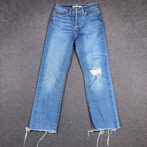 Levi's Wedgie Straight Jeans Women 24 Blue High Rise Distressed Raw Hem Denim